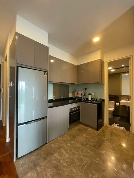 Kitchen features: grey flat-panel cabinets, black countertop, stainless-steel fridge, built-in oven, ceramic cooktop, single-bowl stainless-steel sink, chrome pull-down faucet, glass backsplash, recessed downlights, marble tile flooring; style: modern. Room features: white walls, doorway leading to bathroom, unknown flooring.