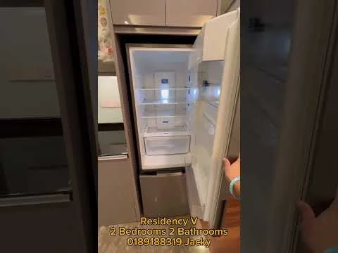 Kitchen features: built-in refrigerator, stainless-steel finish, cabinetry with flat-panel design, countertop with smooth surface, wood flooring, under-cabinet lighting, open shelving, modern appliances; style: modern.