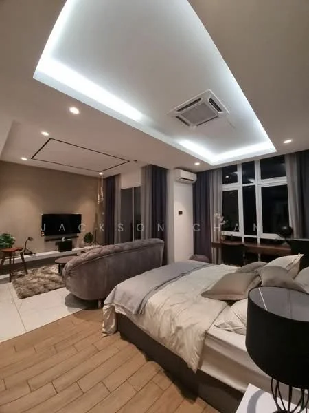 Bedroom features: king-size bed with beige bedding, upholstered headboard, 2 bedside lamps, grey fabric sofa, coffee table, wall-mounted TV, floor-to-ceiling windows, curtains, wooden flooring, recessed ceiling lights, wall-mounted split AC, decorative plants; style: modern; view: city.