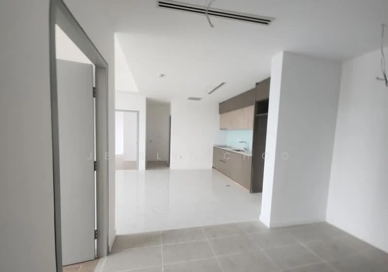 Room features: white painted walls, tile flooring, kitchen cabinetry in wood finish, open layout, ceiling with exposed ductwork, recessed lighting, large windows, doorway leading to another room; style: modern.