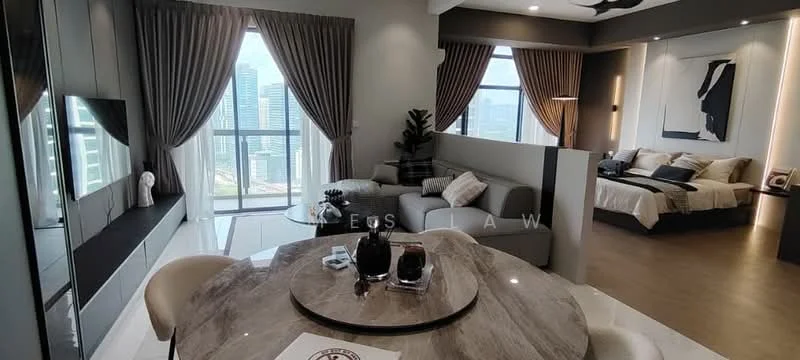 Living features: floor-to-ceiling windows, grey fabric sectional sofa, coffee table with marble top, wall-mounted TV, decorative plant, curtains, area rug, wood flooring, ceiling fan with light; style: modern; view: city. Bedroom features: king-size bed, upholstered headboard, bedside lamps, built-in wardrobe, decorative artwork, wood flooring; style: modern; view: city. Dining features: round dining table, upholstered dining chairs, decorative centerpiece; style: modern.