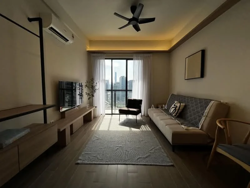 Living features: 3-seater fabric sofa in beige, wooden coffee table, TV console, wall-mounted TV, area rug with geometric pattern, floor-to-ceiling windows, sliding glass door, 5-blade ceiling fan with light, recessed LED downlights, decorative wall art, wooden accent chair, light-colored walls, laminate flooring; style: modern; view: city.