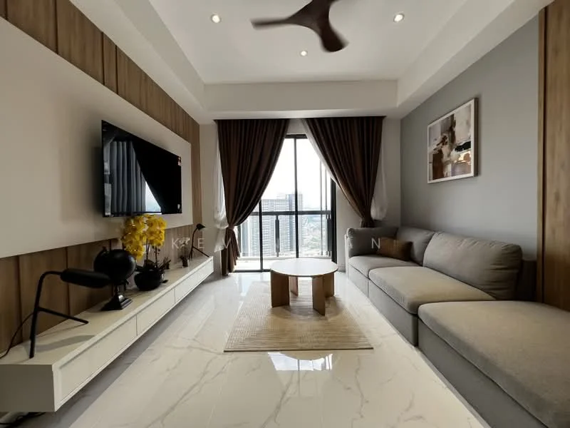 Living features: 3-seater fabric sofa in grey, coffee table, wall-mounted TV, TV console, area rug with geometric pattern, floor-to-ceiling windows, sheer curtains, 5-blade ceiling fan with light, marble tile flooring, wood accent wall, decorative wall art, recessed downlights; style: modern; view: city.