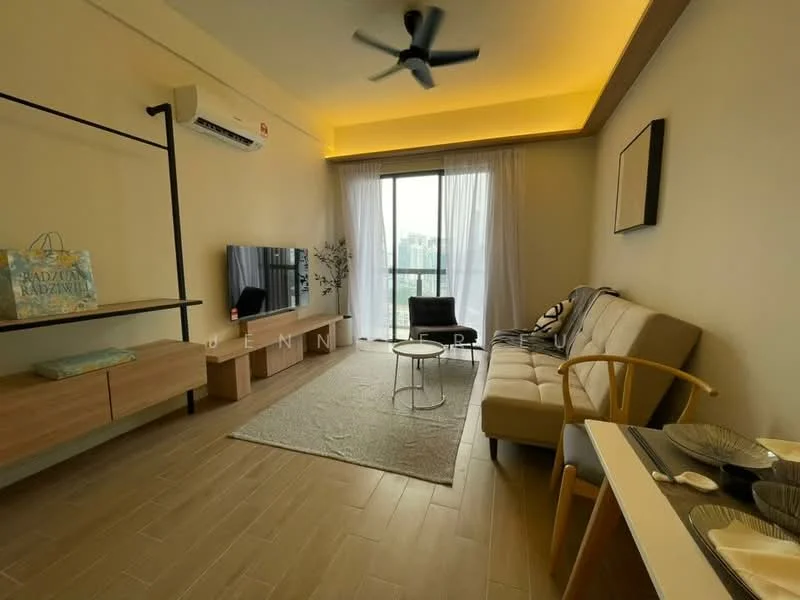 Living features: sofa in beige fabric, coffee table, TV console, wall-mounted TV, area rug, 5-blade ceiling fan with light, floor-to-ceiling sliding glass door, curtains, wooden flooring, decorative wall art, shelf unit, decorative throw pillows; style: modern; view: city.