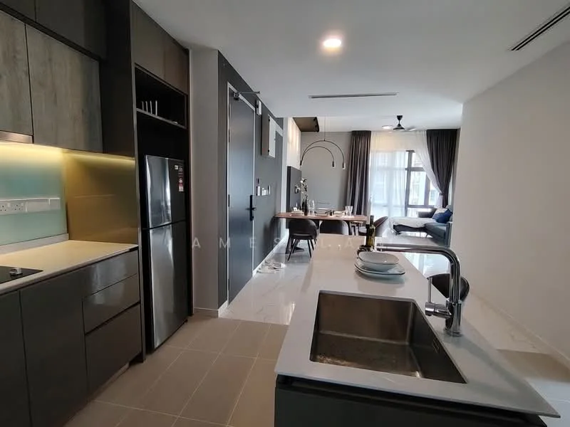 Kitchen features: single-bowl stainless-steel sink, chrome pull-down faucet, white quartz countertop, grey cabinetry, built-in refrigerator, ceramic tile flooring, recessed downlights, open shelving, wall-mounted cabinets, kitchen island with seating; style: modern. Living features: sofa in blue fabric, coffee table, dining table for four, floor-to-ceiling windows, curtains in grey, area rug, wall-mounted TV, ceiling fan; style: modern.