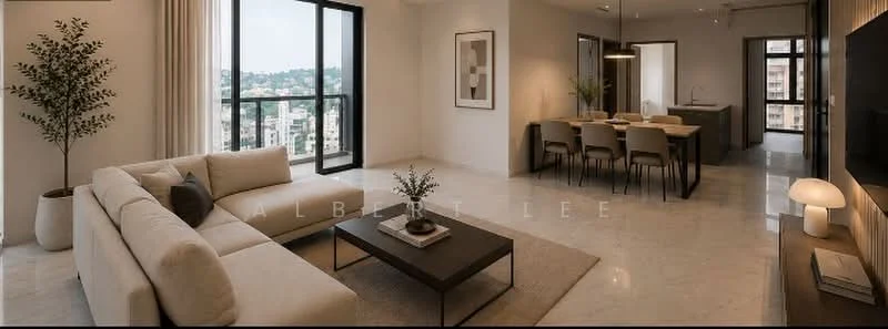 Living features: light beige fabric sofa, black coffee table, area rug with neutral tones, floor-to-ceiling windows, city view, wall-mounted TV, decorative table lamp, potted plant, recessed downlights, neutral painted walls, marble tile flooring; style: modern; view: city. Dining features: wood dining table for six, upholstered dining chairs, pendant lighting above table, open layout to kitchen, neutral painted walls, marble tile flooring; style: modern; view: city. Kitchen features: open kitchen layout, modern cabinetry, stainless-steel appliances, marble countertop, kitchen island, recessed downlights, neutral painted walls, marble tile flooring; style: modern; view: city.