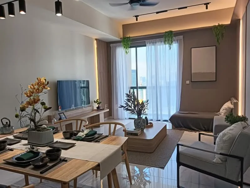Living features: sofa in light grey fabric, coffee table in wood, TV console in wood, wall-mounted TV, area rug in neutral tones, 5-blade ceiling fan with light, floor-to-ceiling windows, sheer curtains, decorative plants, framed artwork on wall, decorative vase with flowers, wooden dining table, dining chairs in natural wood, table setting with plates and bowls; style: modern; view: city.