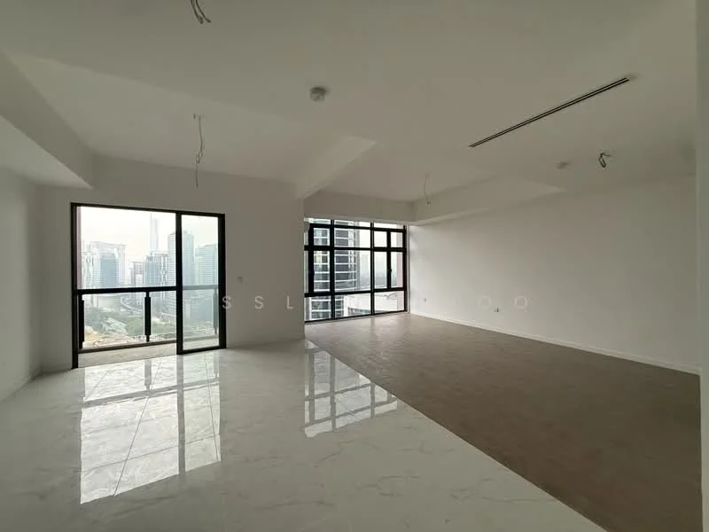 Room features: white painted walls, marble tile flooring, large floor-to-ceiling windows, city skyline view, exposed ceiling with light fixtures, open layout, neutral color scheme, natural light flooding the space; style: modern; view: city.