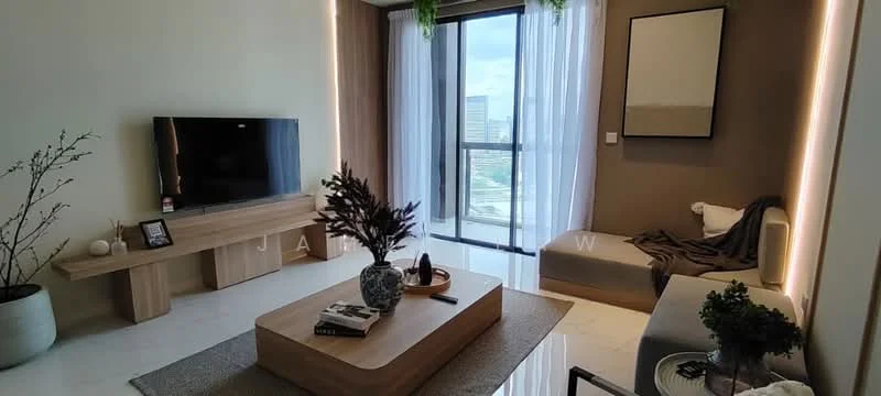 Living features: floor-to-ceiling windows, grey accent wall, light wood paneling, marble flooring, modern coffee table, 2-seater fabric sofa, decorative plant in pot, wall-mounted TV, area rug with neutral color, framed artwork on wall, throw blanket on sofa, decorative vase on coffee table; style: modern; view: city.