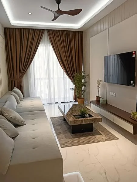 Living features: L-shape sectional sofa in light beige, decorative throw pillows, coffee table with stone top, wall-mounted flat-screen TV, wooden TV console, large floor-to-ceiling windows, sheer curtains, dark brown curtains, recessed ceiling lights, ceiling fan, marble flooring, indoor plants in pots, wall paneling, decorative wall art; style: modern.