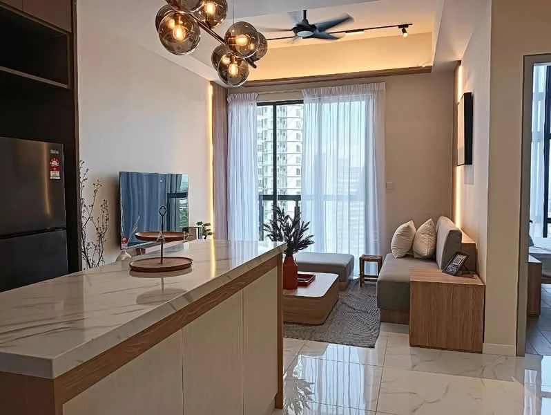 Living features: marble tile flooring, white painted walls, recessed downlights, 5-blade ceiling fan, large floor-to-ceiling windows, grey fabric sofa, wood coffee table, decorative plant in ceramic pot, TV console, wall-mounted TV, sheer curtains, wooden cabinetry, kitchen island with countertop; style: modern; view: city.