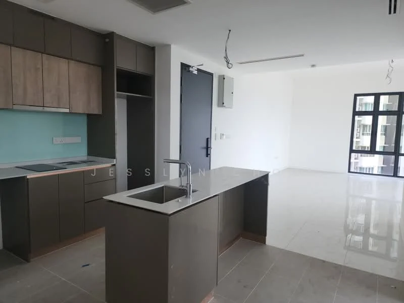 Kitchen features: kitchen island with countertop, stainless-steel sink, chrome pull-down faucet, wood cabinetry, grey laminate cabinets, white backsplash, built-in oven space, cooktop space, open layout to living area, marble tile flooring, recessed ceiling lights; style: modern. Living features: large windows, open space layout, white painted walls, marble tile flooring, ceiling lights; style: modern.
