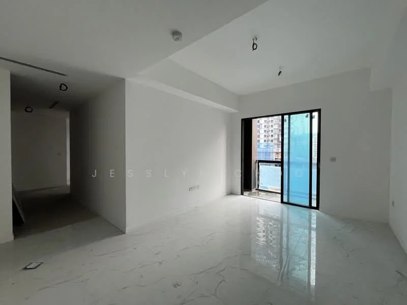 Room features: white painted walls, marble tile flooring, floor-to-ceiling windows, sliding glass door, recessed downlights, ceiling rose, open layout, natural light; style: modern; view: city.