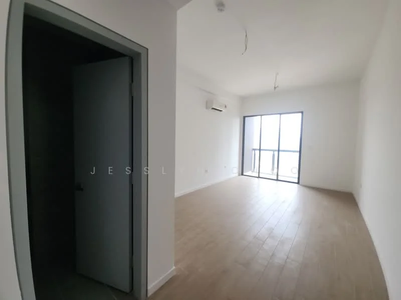 Room features: white painted walls, wooden flooring, 1 wall-mounted split AC, floor-to-ceiling windows, sliding glass door, natural light, neutral color scheme, minimalist design; style: modern; view: city.