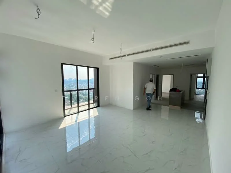 Living features: white painted walls, marble tile flooring, floor-to-ceiling windows, recessed downlights, 2 ceiling fans, open layout, city view, natural light; style: modern; view: city. Room features: white painted walls, marble tile flooring, recessed downlights.