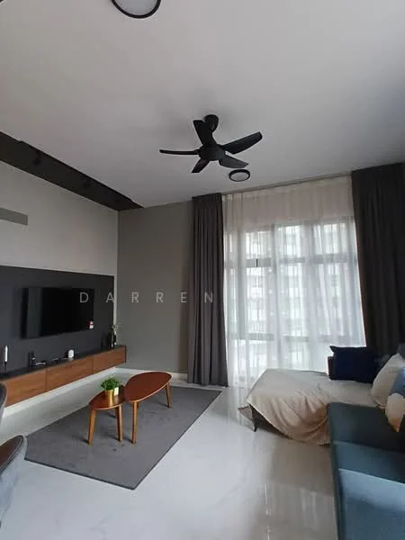 Living features: 5-blade ceiling fan with integrated LED light, wall-mounted TV, wooden media console, grey fabric sofa, coffee table, area rug, floor-to-ceiling windows, sheer curtains, dark grey accent wall, light marble flooring; style: modern.
