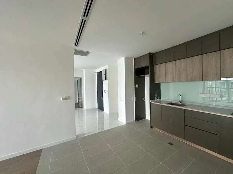 Kitchen features: grey cabinetry with wood accents, white backsplash, stainless-steel sink, chrome faucet, built-in oven, induction cooktop, refrigerator, tile flooring, open layout, natural light from windows, air conditioning vent, neutral wall color; style: modern. Room features: white walls, tile flooring, open space, natural light from windows.