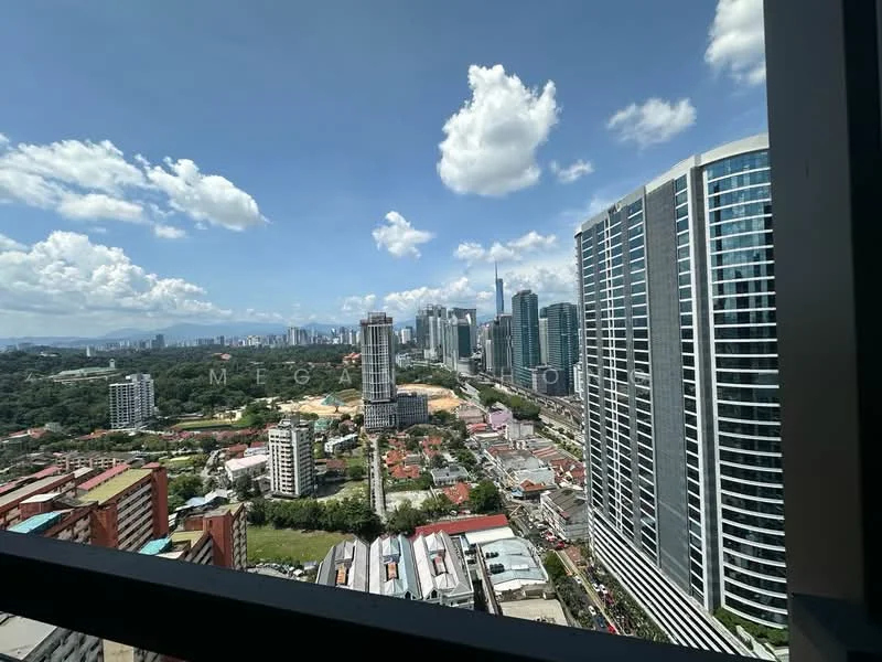 Exterior type: high-rise condominium; features: city skyline view, glass curtain wall facade, surrounded by greenery, urban landscape, high-rise buildings, main road visible; style: modern.