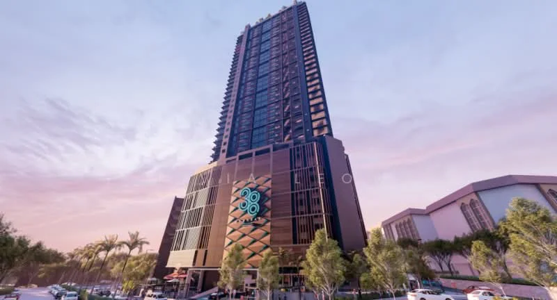 Exterior type: high-rise condominium; features: glass curtain wall, black painted facade, recessed balconies, feature lighting at night, approximately 30-storey high-rise, manicured landscaping with palm trees, entrance with decorative elements; style: modern.