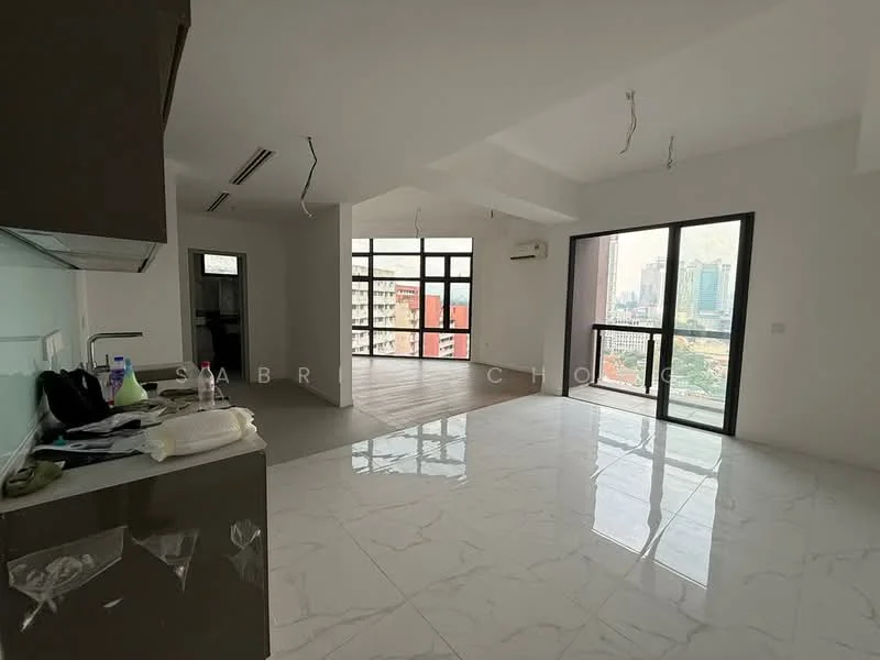 Living features: white painted walls, marble tile flooring, floor-to-ceiling windows, sliding glass door, exposed ceiling with electrical wiring, air conditioning unit, open layout, city view; style: modern; view: city. Kitchen features: grey cabinetry, stainless-steel sink, countertop with backsplash, built-in kitchen appliances, open layout to living area; style: modern.