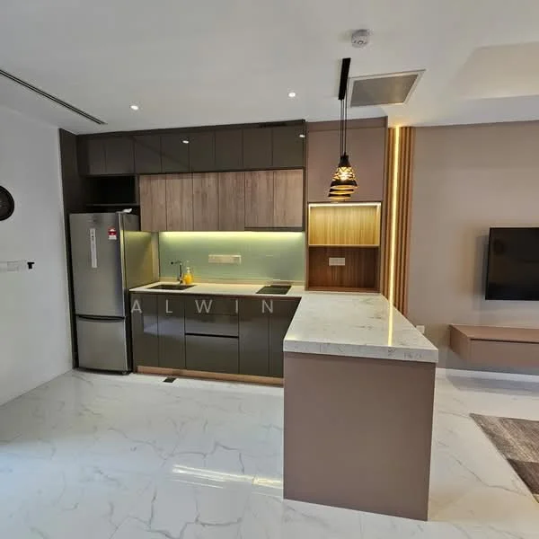 Kitchen features: marble countertop, stainless-steel fridge, built-in oven, flat-panel cabinetry in dark wood, under-cabinet lighting, single-bowl stainless-steel sink, chrome pull-down faucet, kitchen island with seating, ceramic tile flooring, recessed downlights, pendant light above island, wall-mounted TV, feature wall with wood accents; style: modern.