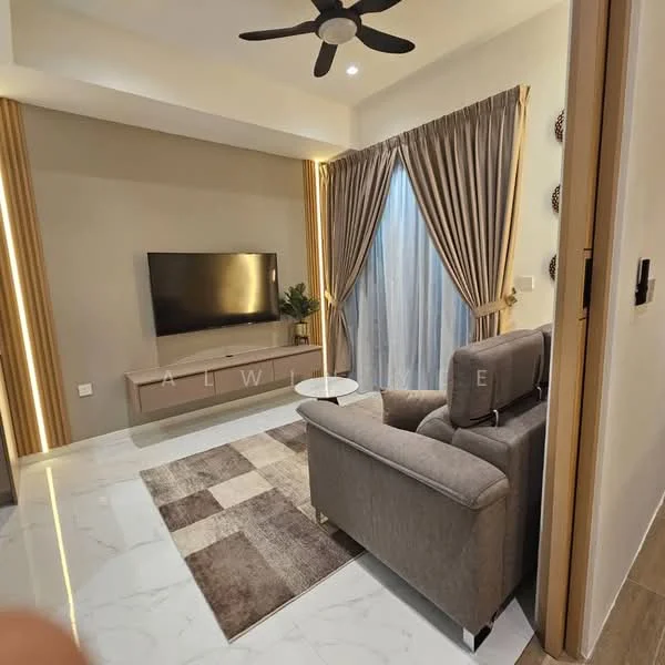 Living features: grey fabric sofa, coffee table, wall-mounted TV, TV console, area rug with geometric pattern, floor-to-ceiling curtains, ceiling fan with light, marble tile flooring, accent wall with lighting, decorative wall elements; style: modern.