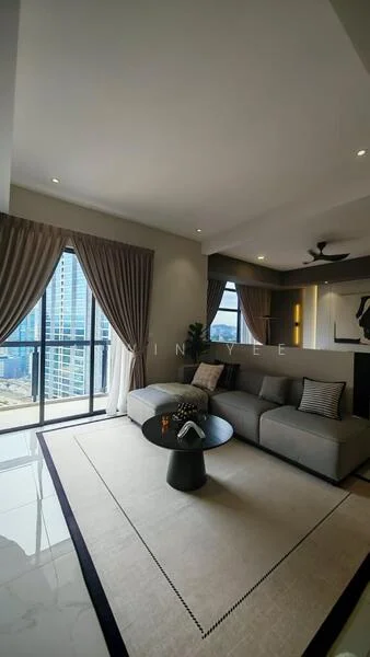Living features: L-shape sectional sofa in grey, black coffee table, area rug with geometric pattern, floor-to-ceiling windows, curtains in beige, recessed downlights, ceiling fan, decorative plant, wall-mounted artwork, marble tile flooring; style: modern; view: city.