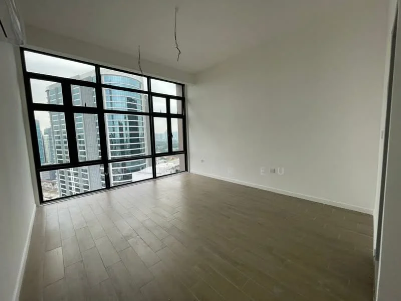 Living features: large floor-to-ceiling windows, city skyline view, light wood flooring, white painted walls, no visible ceiling fixtures, open layout, minimalist design, neutral color palette; style: modern; view: city.
