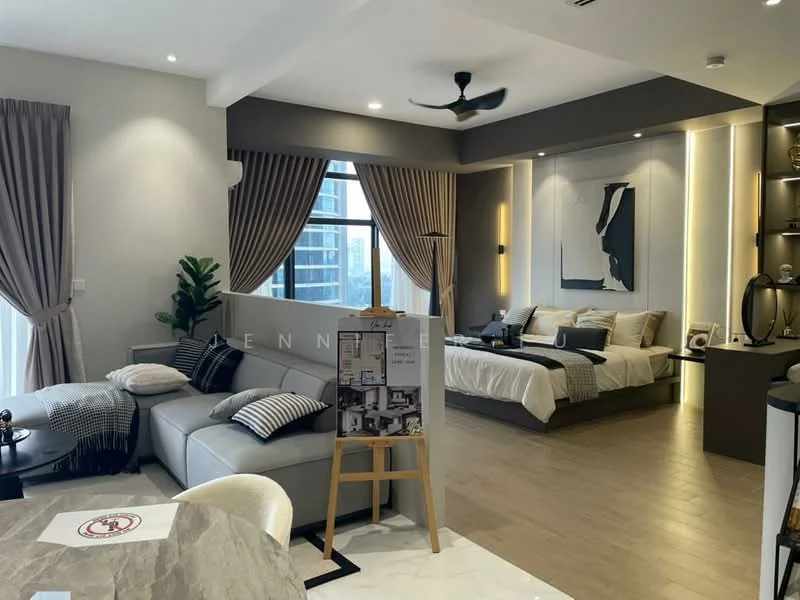 Living features: L-shape sectional sofa in grey, decorative cushions in black and white, coffee table, floor-to-ceiling windows, sheer curtains, wooden flooring, ceiling fan, wall-mounted artwork, recessed LED downlights, decorative plant in ceramic pot; style: modern; view: city. Bedroom features: king-size bed with upholstered headboard, bedding in neutral tones, bedside tables, table lamps, wall-mounted artwork, built-in wardrobe, recessed LED downlights; style: modern; view: city.
