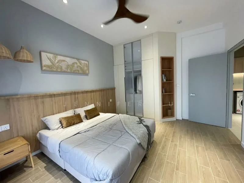 Bedroom features: queen-size bed with grey bedding, wooden headboard, two bedside tables, decorative wall art, built-in wardrobe with sliding doors, wooden flooring, ceiling fan, recessed downlights, light grey accent wall, neutral wall colour, window with natural light, open shelving unit, laundry area visible through door; style: modern.