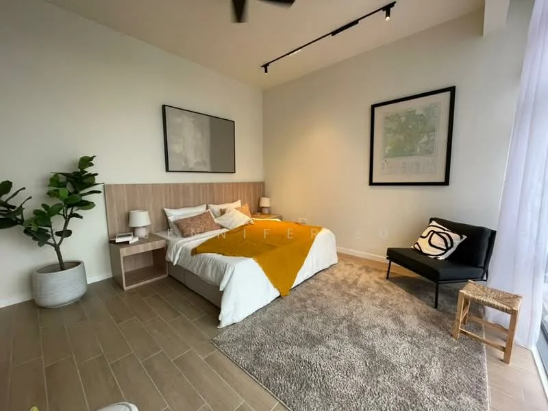 Bedroom features: king-size bed with yellow throw, wooden headboard, two bedside lamps, framed artwork on wall, light grey area rug, wooden flooring, ceiling fan, large window with sheer curtains, indoor plant in pot, black accent chair; style: modern.