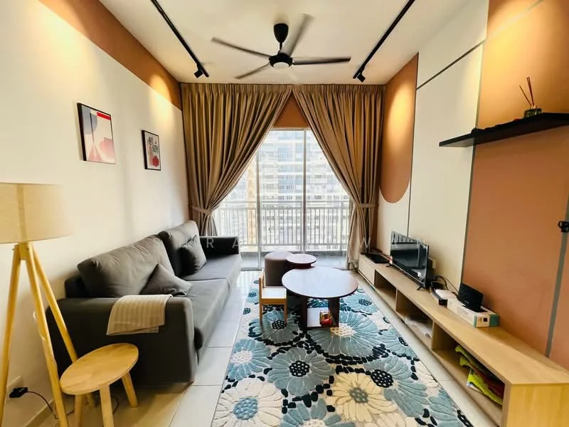 Living features: 3-seater fabric sofa in grey, wooden coffee table, TV console, wall-mounted TV, area rug with floral pattern, floor-to-ceiling windows, sheer curtains, 5-blade ceiling fan with light, decorative wall with brown accent, light-colored walls, wooden shelving unit; style: modern; view: city.