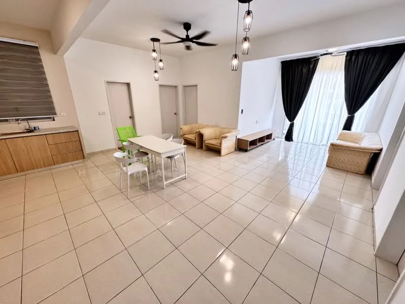 Living features: cream painted walls, glossy tile flooring, 5-blade ceiling fan with light, large floor-to-ceiling windows with sheer curtains, blackout curtains, sofa in beige fabric, coffee table, dining table with white finish, green plastic chair, built-in cabinetry, decorative wall panel, natural light from windows; style: modern.