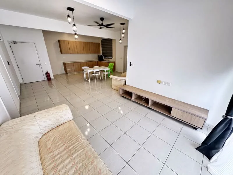 Living features: cream painted walls, white ceiling, recessed downlights, 5-blade ceiling fan, large floor tiles, sofa with patterned upholstery, wooden TV console, dining table with white chairs, green accent chair, open layout, sliding door to balcony, blackout curtains; style: modern.