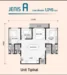 Floor plan: 3-bedroom 2-bathroom unit; features: open-plan kitchen-dining-living, master bedroom with ensuite bathroom, bedroom 2 with shared bathroom, utility room, balcony off living room, central foyer, 2 car porch.
