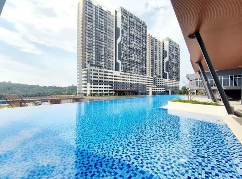 Exterior type: high-rise condominium; features: infinity pool, pool deck with loungers, glass curtain wall facade, landscaped garden area, surrounded by greenery, modern architectural design; style: modern.