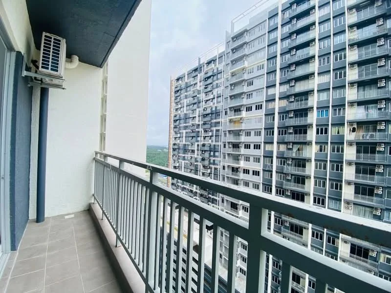 Room features: balcony, grey tiled flooring, metal railing, view of adjacent high-rise buildings, city skyline view, wall-mounted split AC unit; style: modern; view: city.