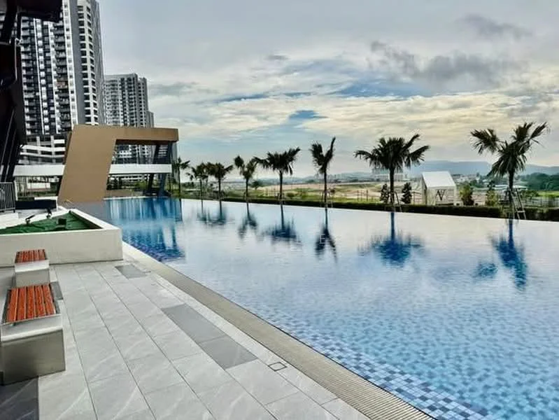 Exterior type: swimming pool deck; features: infinity pool, pool deck with loungers, tiled flooring, surrounded by palm trees, landscaped garden, city skyline view, modern architectural design, seating area with benches; style: modern.