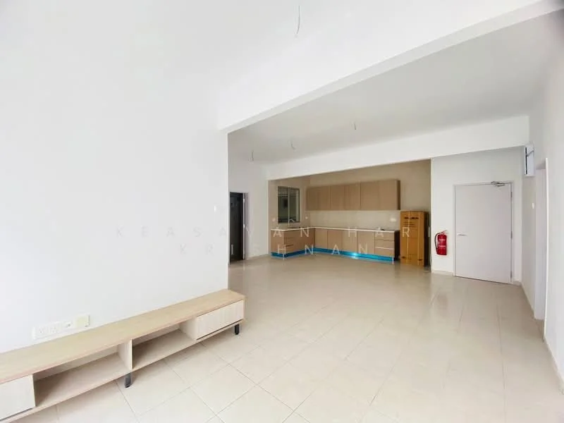 Room features: white painted walls, cream tiled flooring, recessed downlights, built-in cabinetry, open layout, large windows, fire extinguisher mounted on wall, high ceiling; style: modern.