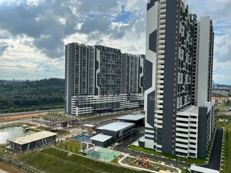 Exterior type: high-rise condominium; features: glass curtain wall, exposed concrete facade, recessed balconies, landscape garden, infinity pool, children's playground, tennis court, BBQ pit, outdoor dining pavilion, manicured lawn, surrounded by greenery, multi-storey car park; style: modern.
