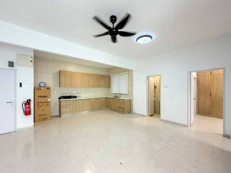 Living features: white painted walls, tile flooring, 5-blade ceiling fan, recessed LED downlights, kitchen cabinetry with wood finish, single-bowl stainless-steel sink, countertop with backsplash, fire extinguisher mounted on wall, clock on wall, open layout, doorway leading to bathroom, doorway leading to another room; style: modern.