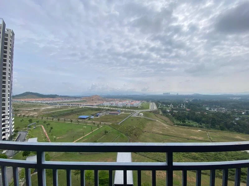 Exterior type: high-rise condominium; features: balcony with railing, city skyline view, surrounded by greenery, open landscape, distant hills, residential area in foreground, cloudy sky; style: modern.