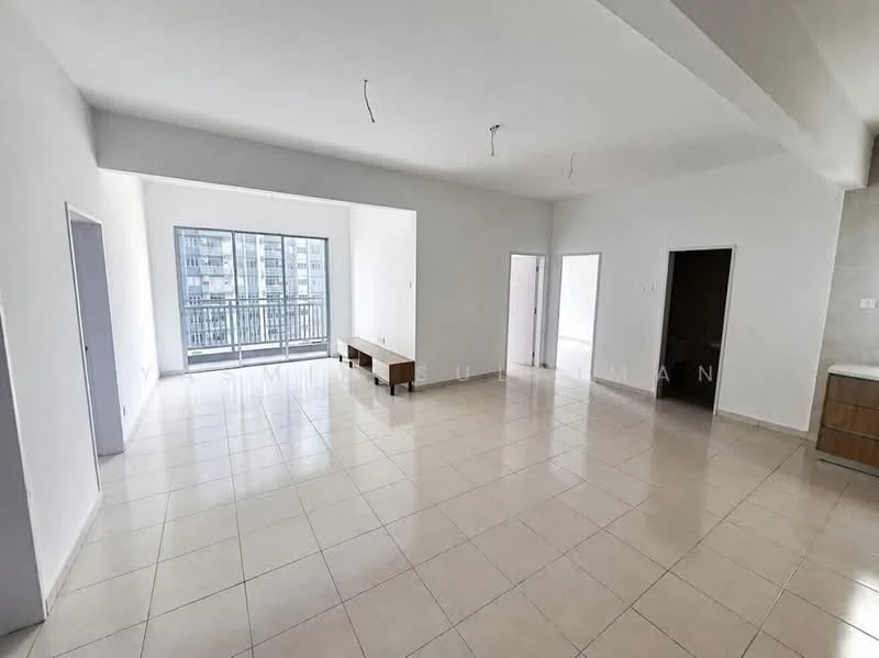 Living features: white painted walls, glossy ceramic tile flooring, floor-to-ceiling windows, sliding glass door, natural light from windows, open layout, neutral color scheme, ceiling with exposed beams; style: modern; view: city. Room features: white painted walls, glossy ceramic tile flooring, doorway leading to another room, doorway leading to hallway.