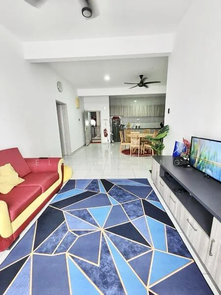 Living features: red and yellow fabric sofa, area rug with geometric pattern in blue and gold, wall-mounted TV, TV console in light wood finish, ceiling fan, white painted walls, glossy tile flooring, open layout to dining area, large windows for natural light, decorative plants; style: modern.