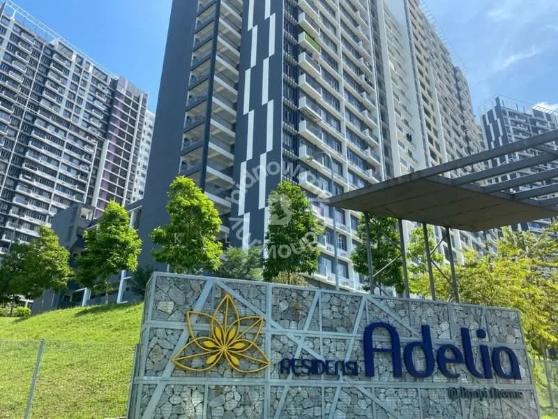 Exterior type: high-rise condominium; features: glass curtain wall, concrete facade, landscaped garden, signage with logo, manicured lawn, surrounded by greenery; style: modern.