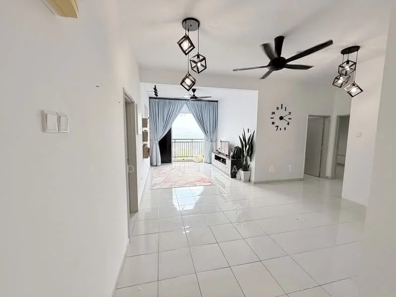 Living features: white painted walls, glossy white tile flooring, 5-blade ceiling fan with light, 5-blade ceiling fan, large sliding glass door, curtains in light blue, wall clock, decorative plant, area rug with geometric pattern, TV console, entertainment unit; style: modern; view: city. Room features: white painted walls, glossy white tile flooring, 5-blade ceiling fan, doorway leading to another room.