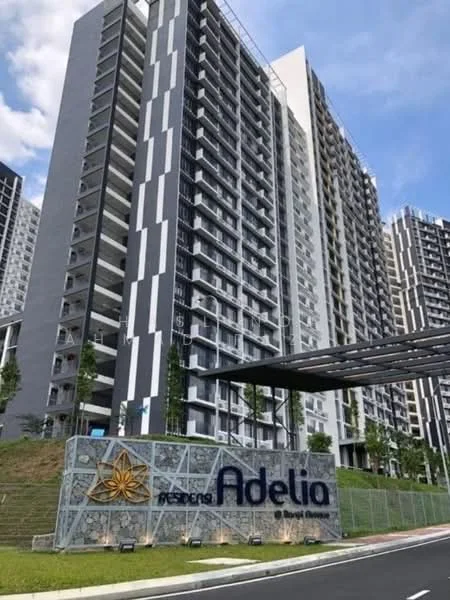 Exterior type: high-rise condominium; features: glass curtain wall, grey and white striped facade, recessed balconies, landscaped entrance, signage with logo, manicured lawn, surrounded by greenery, covered walkway, multiple storeys, modern architectural design; style: modern.