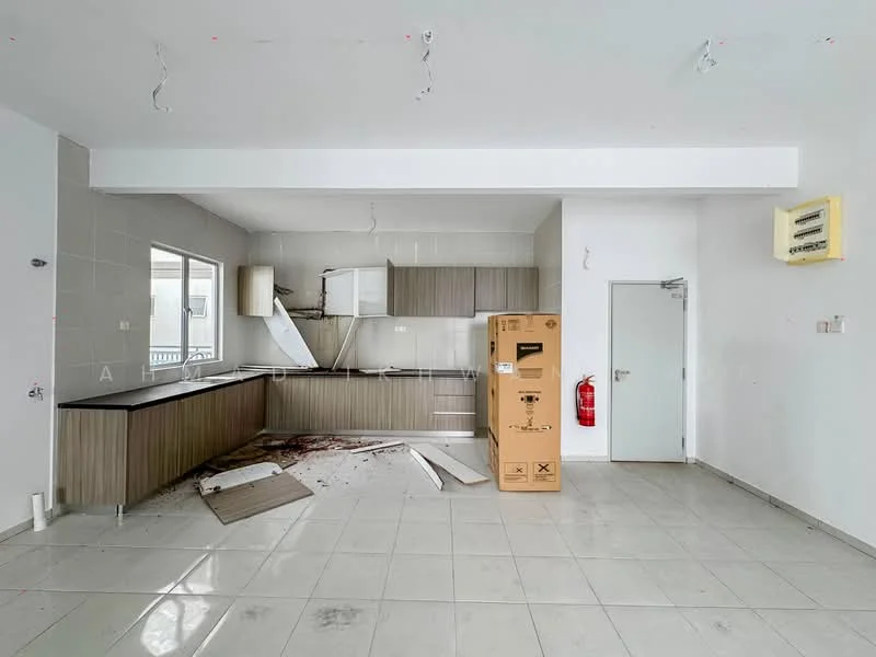 Kitchen features: laminate cabinetry in brown, white countertop, stainless-steel sink, single-bowl sink, built-in kitchen hood, ceramic tile flooring, white painted walls, open layout, window with natural light, fire extinguisher mounted on wall, cardboard box, debris on floor; style: modern.