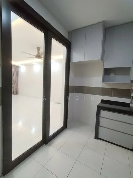 Kitchen features: grey cabinetry, black countertop, single-bowl stainless-steel sink, chrome pull-down faucet, white tiled backsplash, floor-to-ceiling windows, sliding glass door, white tiled flooring, recessed downlights, ceiling fan; style: modern. Room features: white painted walls, white tiled flooring, ceiling fan, curtains.