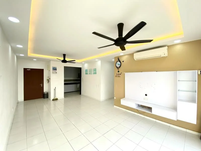 Living features: white painted walls, polished ceramic tile flooring, tray ceiling with LED strip lighting, 2 ceiling fans, wall-mounted TV console, air conditioning unit, door to entrance, open layout; style: modern.